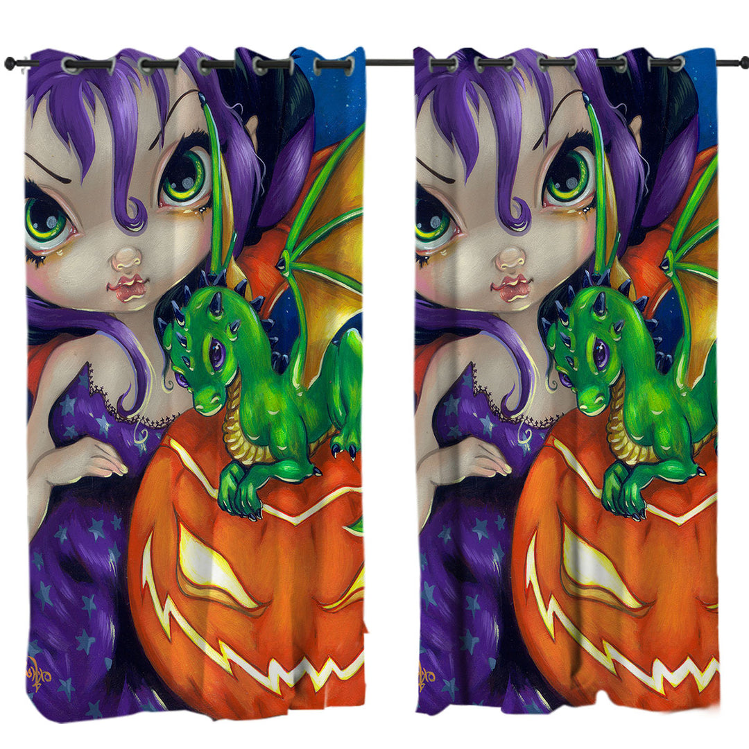 Drapes and Curtains with Halloween Darling Dragonling Fairy and Cute Dragon