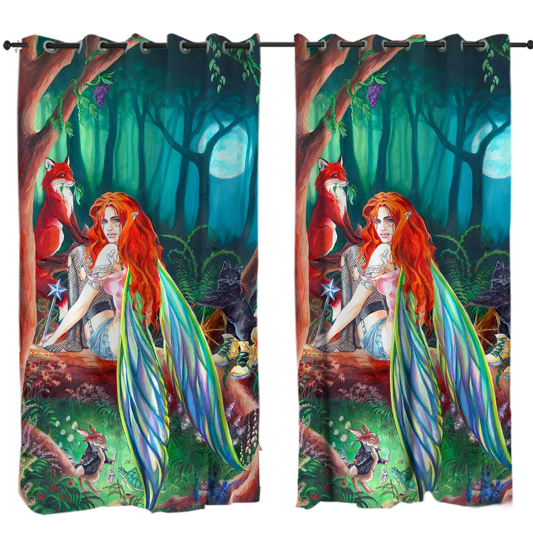 Drapes for Living Room with Cool Fairy Tale Forest Redhead Fairy and Friends