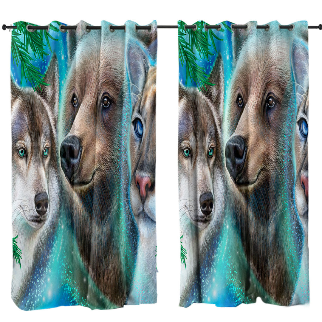 Drapes for Living Room with Faces of Nature Wolf Bear Cougar