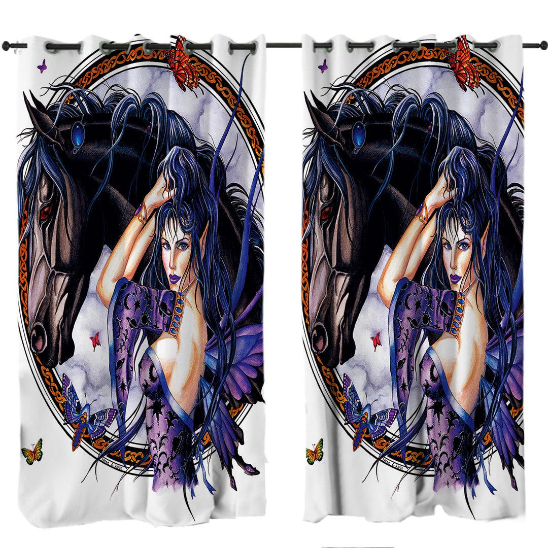 Drapes for Living Room with Fantasy Art Black Horse and Purple Fairy