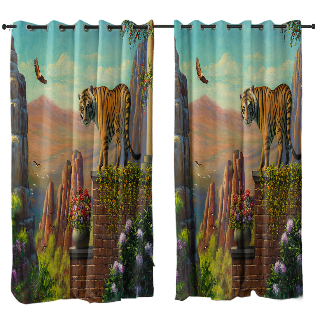 Drapes for Living Room with Painting of Tiger on Floral Terrace