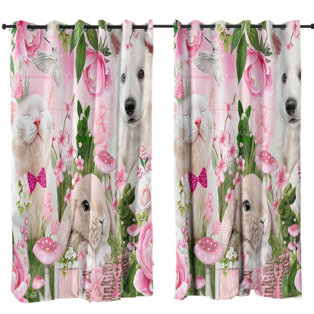 Drapes with Cat Dog Bunny Pink Blossom Buddies