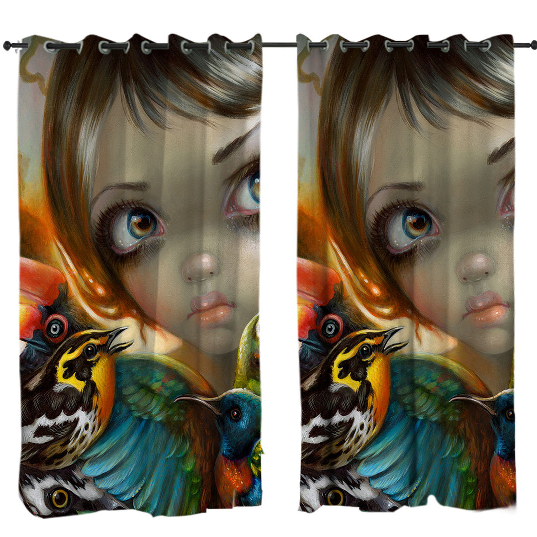 Drapes with Colorful Art Birdsong Beautiful Maiden and Birds