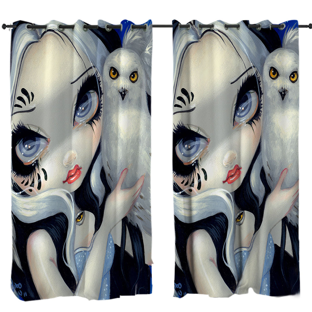 Drapes with Faces of Faery _149 Goth Girl with Her White Owl