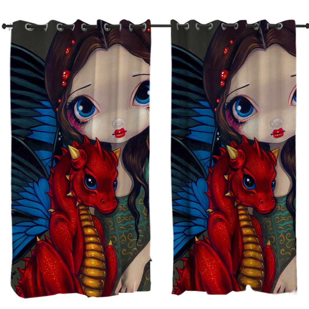 Drapes with Fantasy Art Girl and Baby Red Dragon