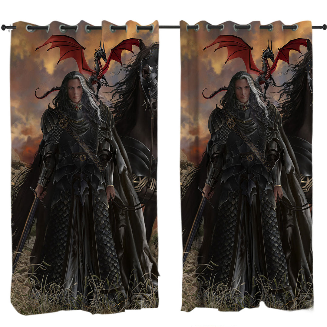 Drapes with Fantasy Art the Black Knight with His Horse and Dragon