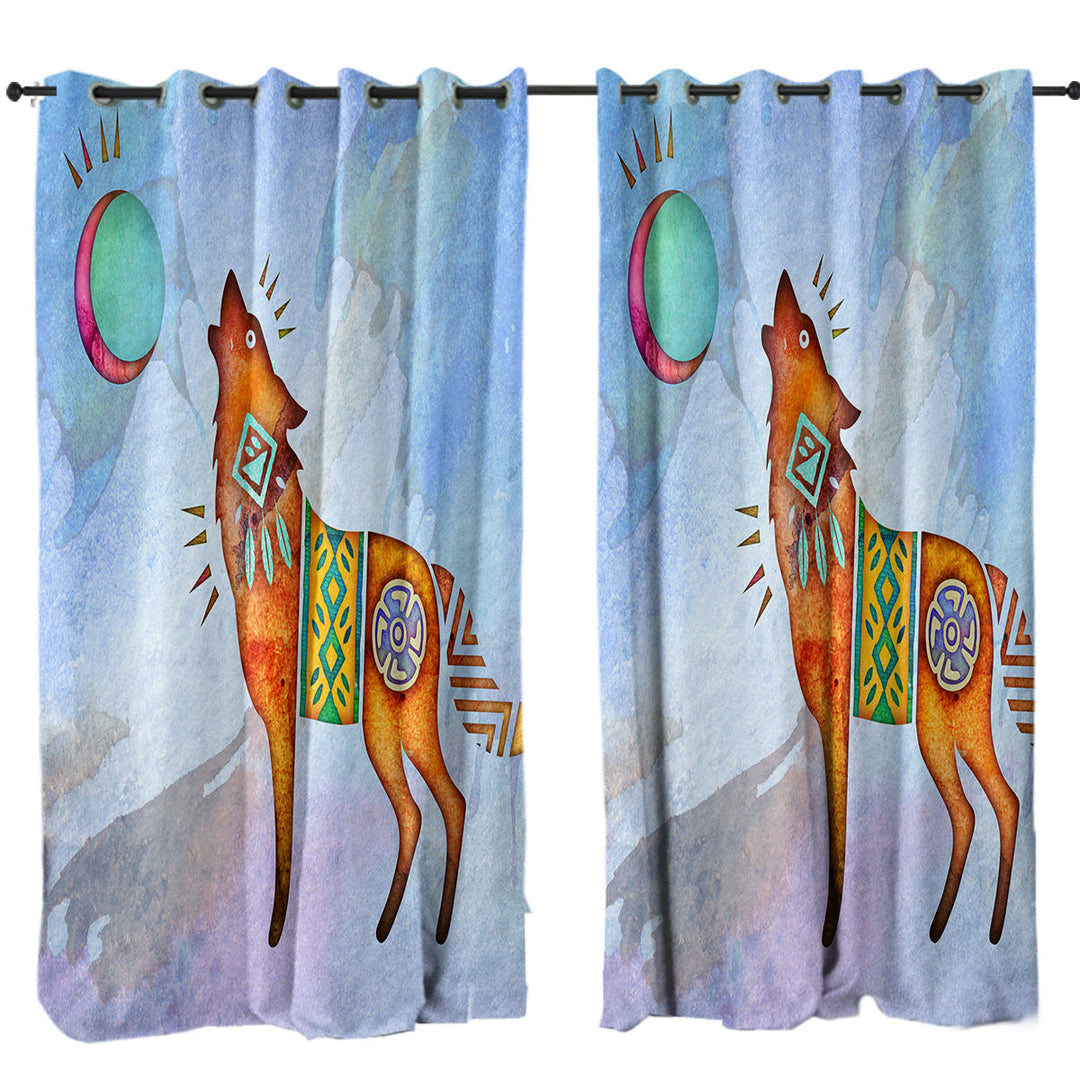 Drapes with Native American Wild Animal Art Painted Wolf