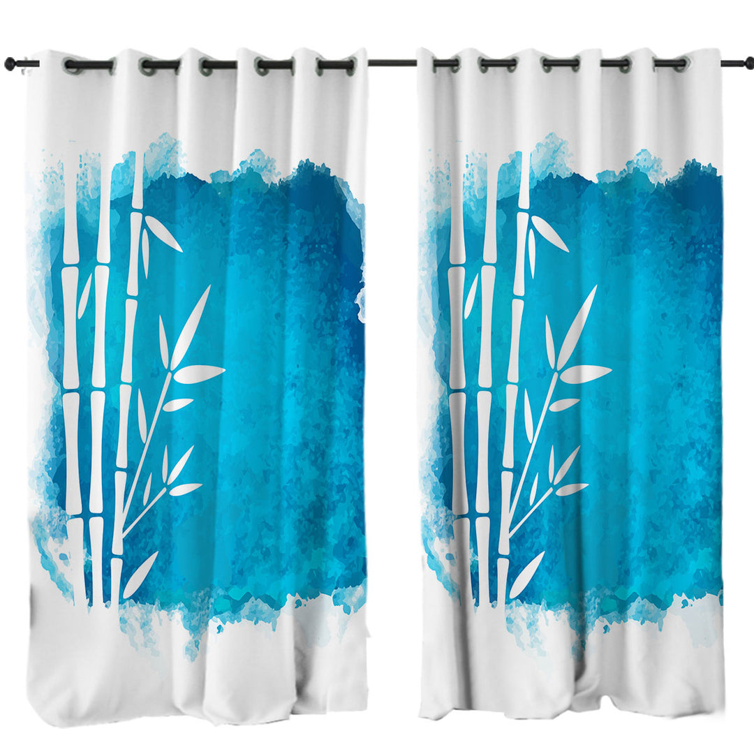 Drapes with White Bamboo Silhouette over Ocean Blue Paint