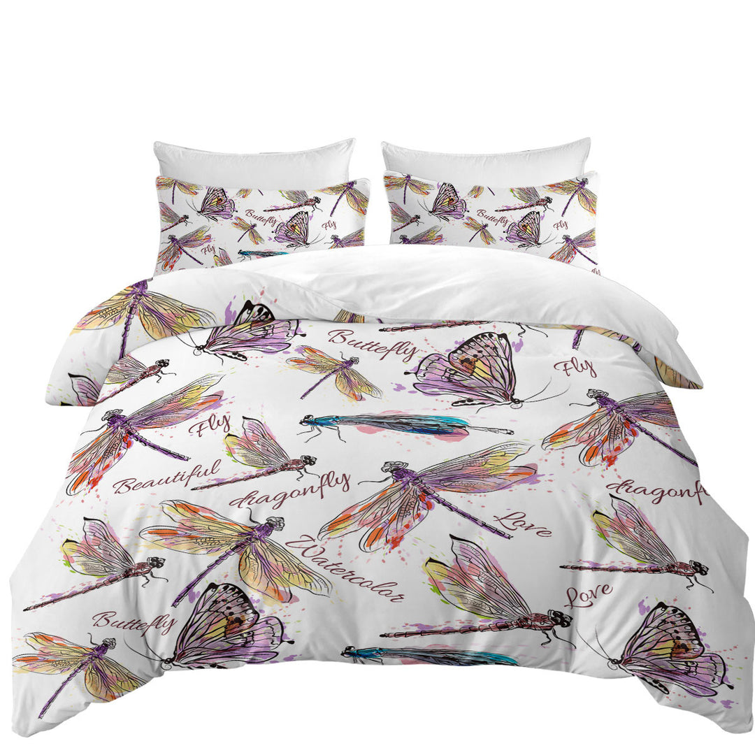 Drawing of Butterflies and Dragonflies King Size Duvet Cover