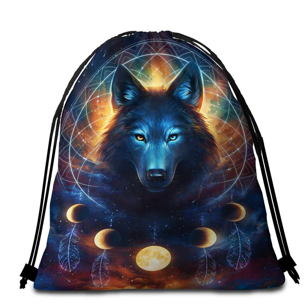 Dreamcatcher Space Moon Wolf Beach Towel Bags