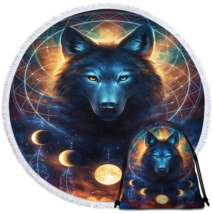 Dreamcatcher Space Moon Wolf Circle Beach Towel