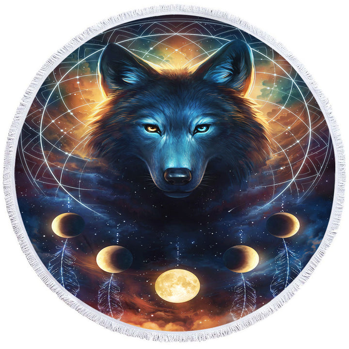 Dreamcatcher Space Moon Wolf Round Beach Towel