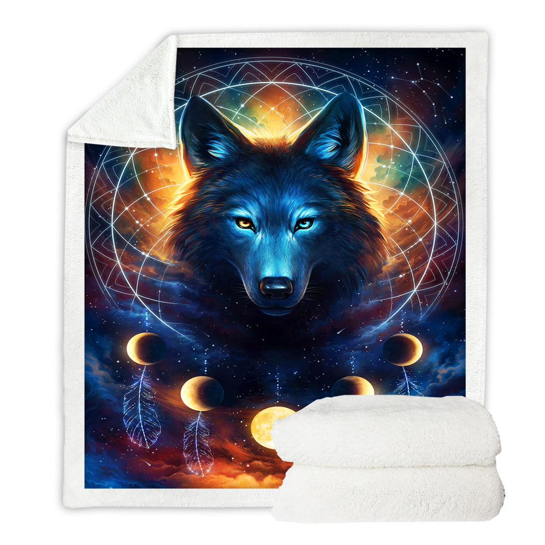 Dreamcatcher Space Moon Wolf Throw Blanket