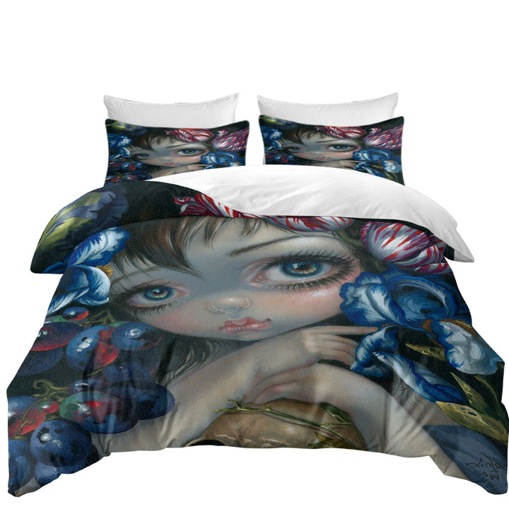 Duvet Cover Queen with Art Painting Girl with Flower Blossom and Skull