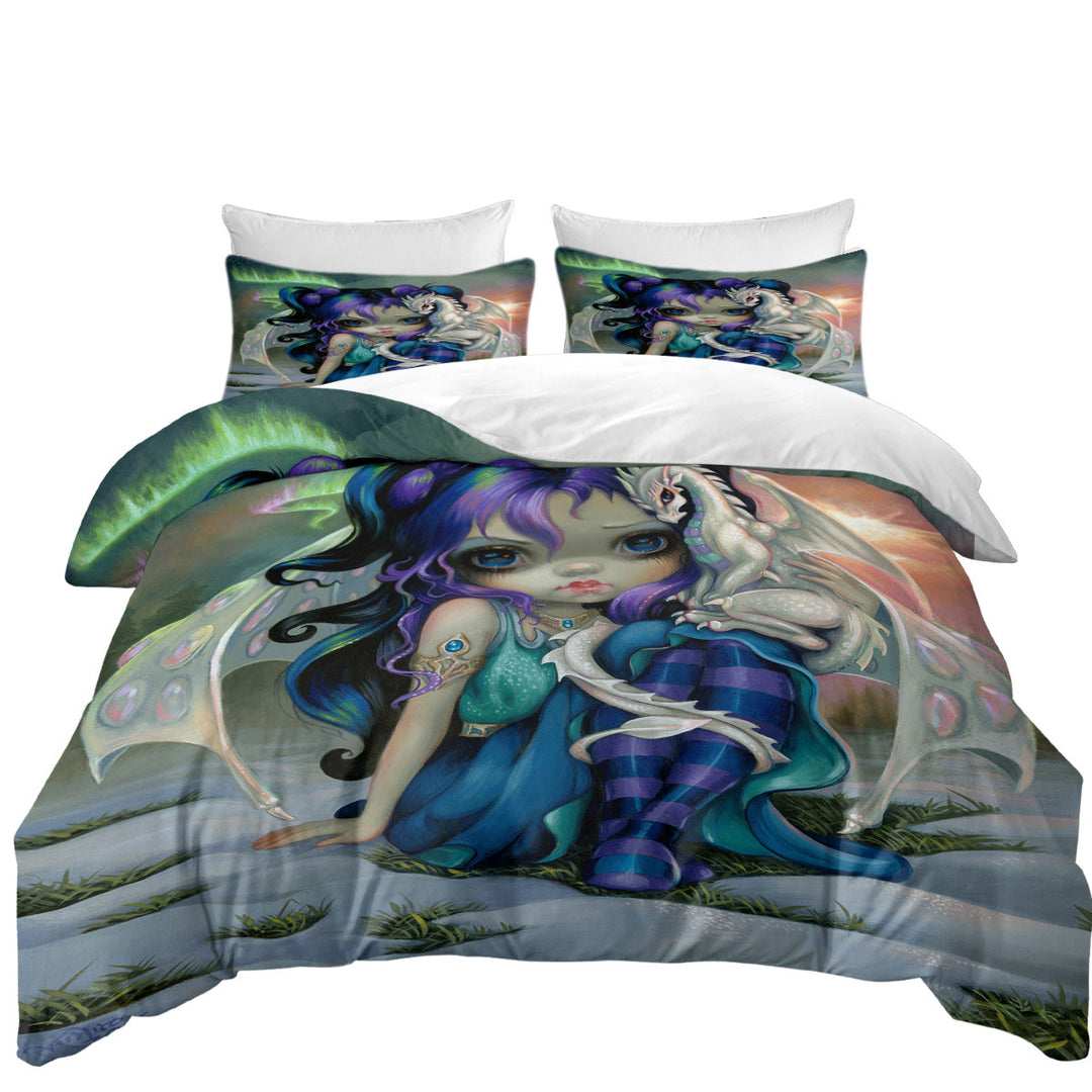 Duvet Cover Queen with Beautiful Aurora Dragon Fairy and Frost Dragonling