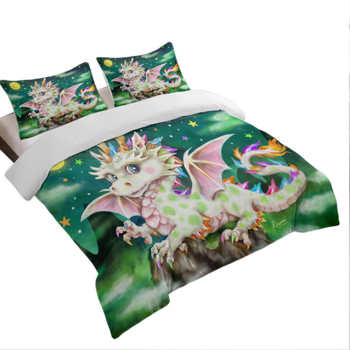 Duvet Cover Queen with Colorful Stars Moon and Magical Dragon