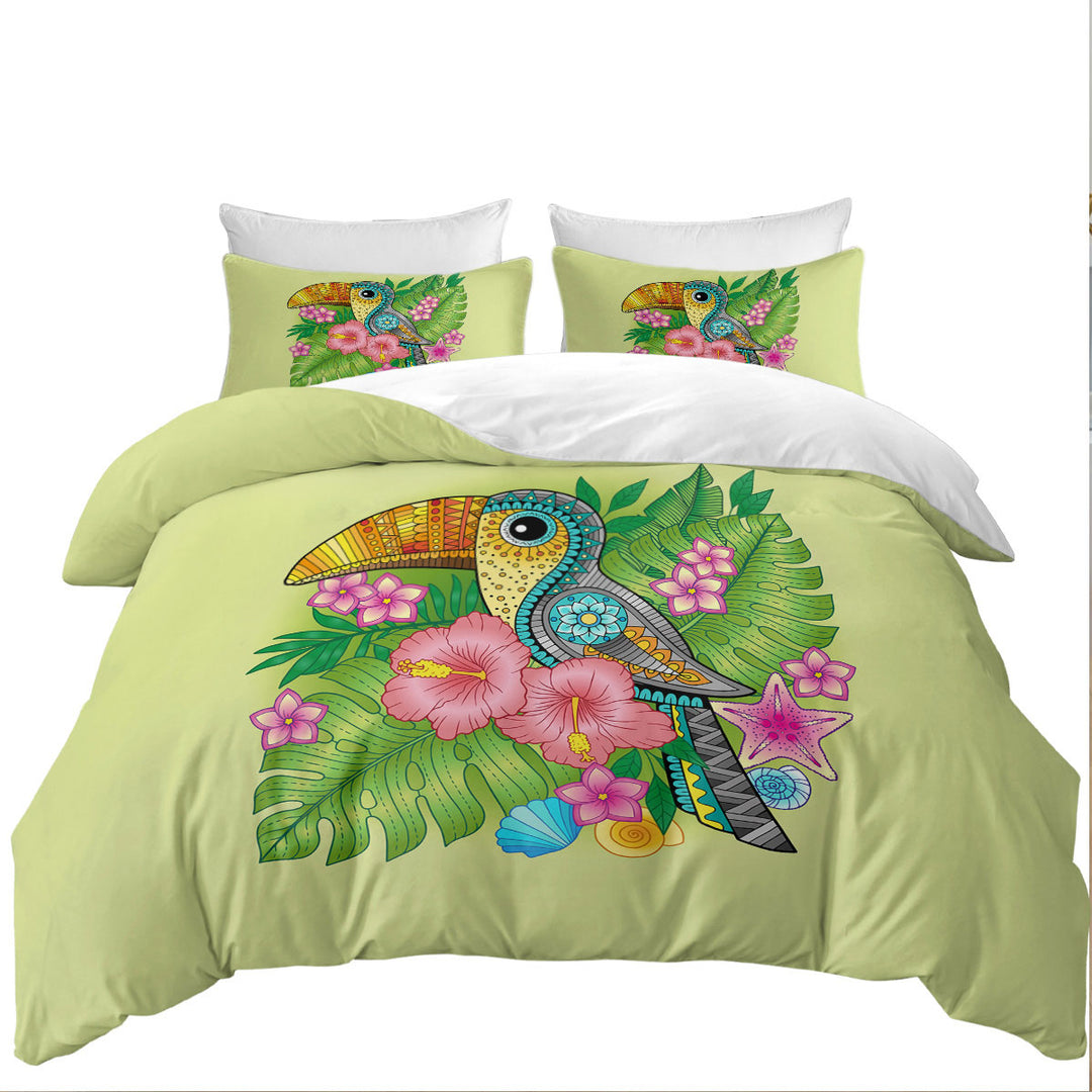 Duvet Cover Queen with Colorful Tropical Flowers and Toucan