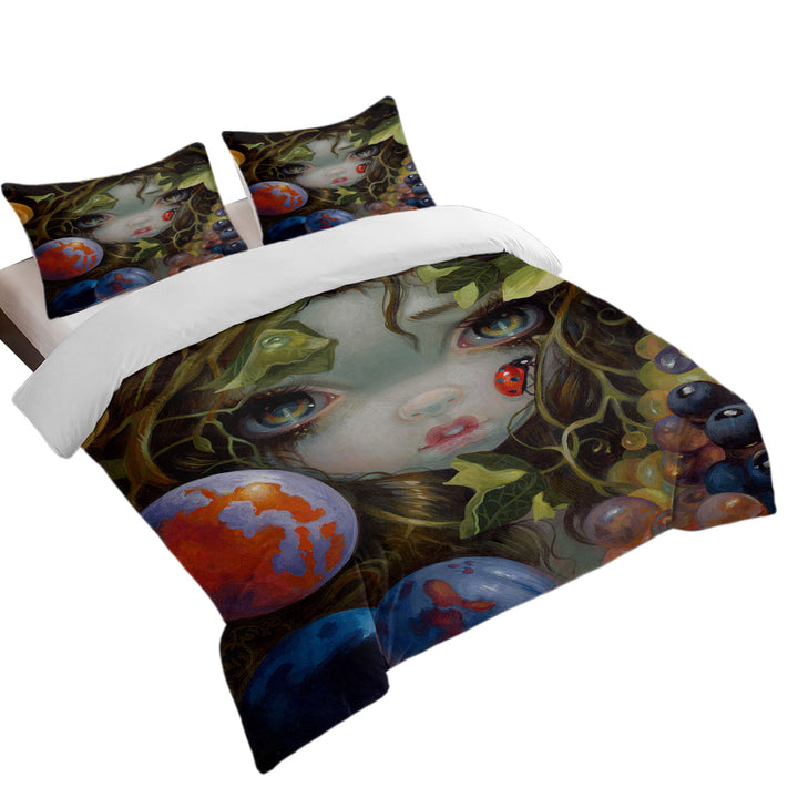 Duvet Cover Queen with Fine Art Girl with Fruits and Ladybug