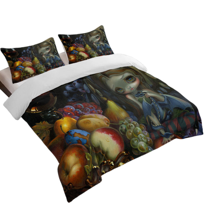 Duvet Cover Queen with Fruit Dragonling Little Fairy and Her Baby Dragon