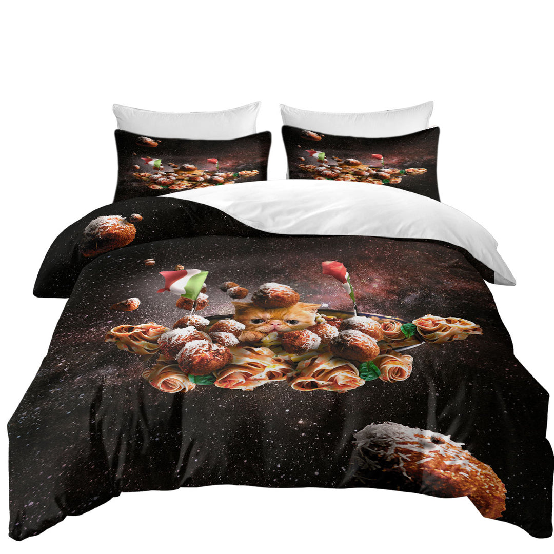 Duvet Cover Queen with Funny Space Pasta Italian Cat