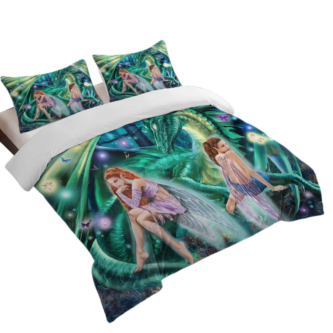 Duvet Cover Queen with Gemini Mischief Fairies and Dragon