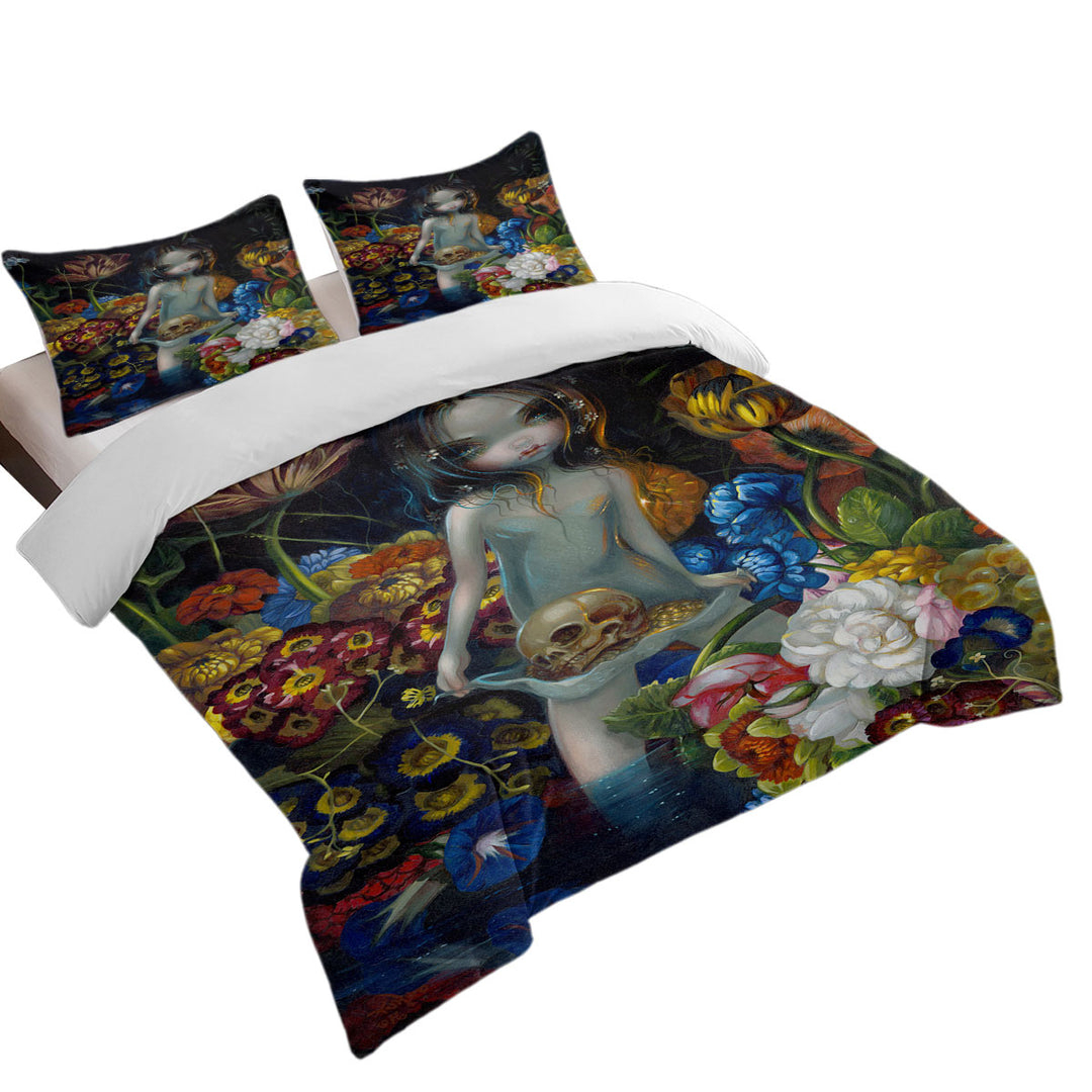 Duvet Cover Queen with Gothic Art The Offering Forest Nymph Girl with Skull