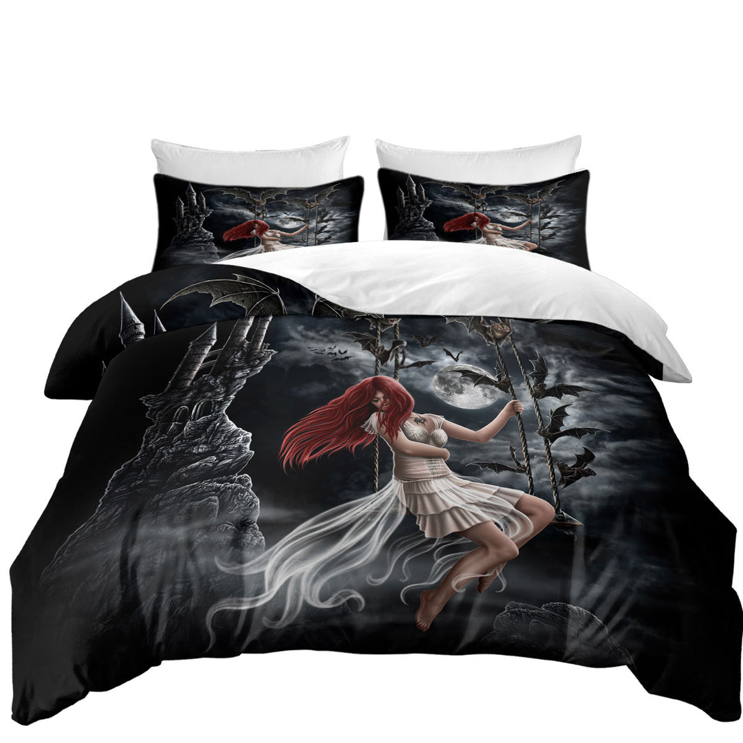 Duvet Cover Queen with Gothic Night Art Draculas Bride Redhead Girl and Bats