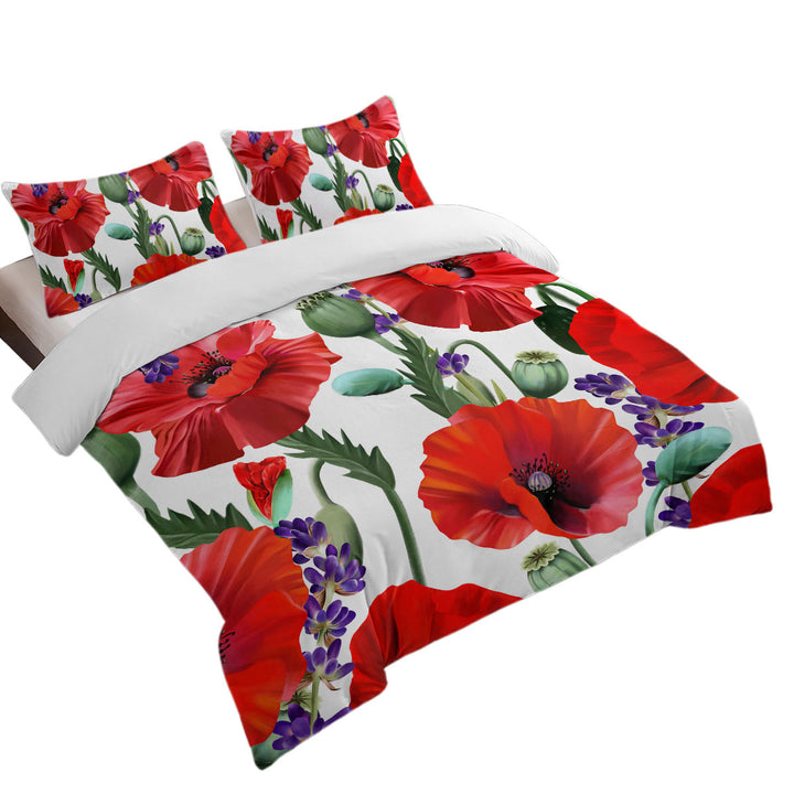 Duvet Cover Queen with Purple Lavender and Red Poppy Flowers