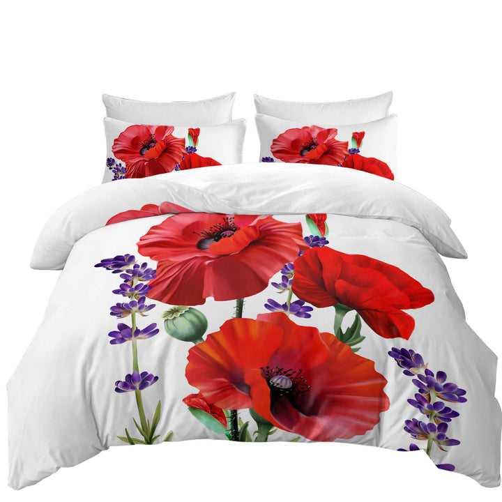 Duvet Cover Queen with Red Poppy and Purple Lavender Flowers