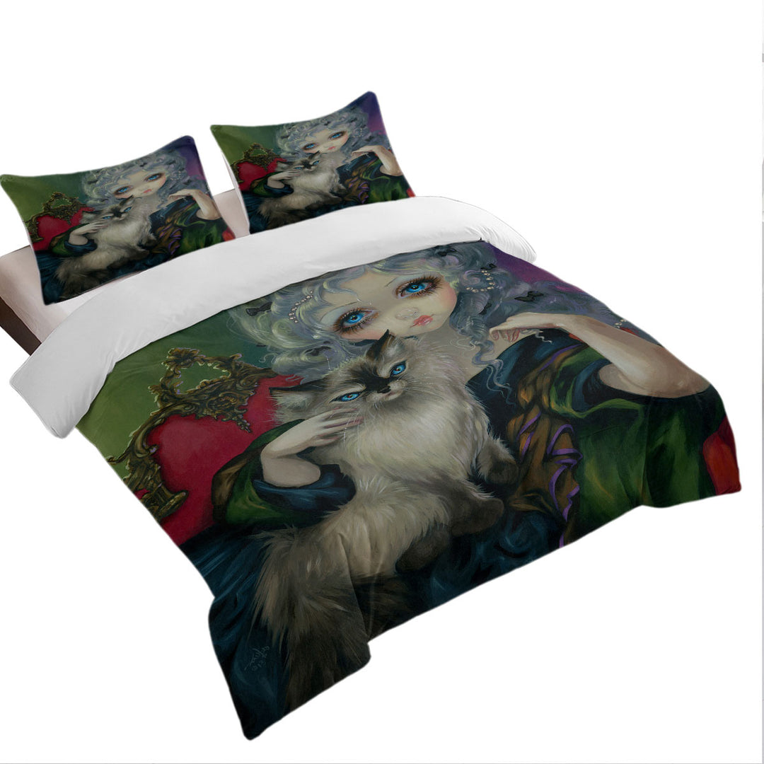 Duvet Cover Queen with Rococo Style Portrait Princess with a Ragdoll Cat