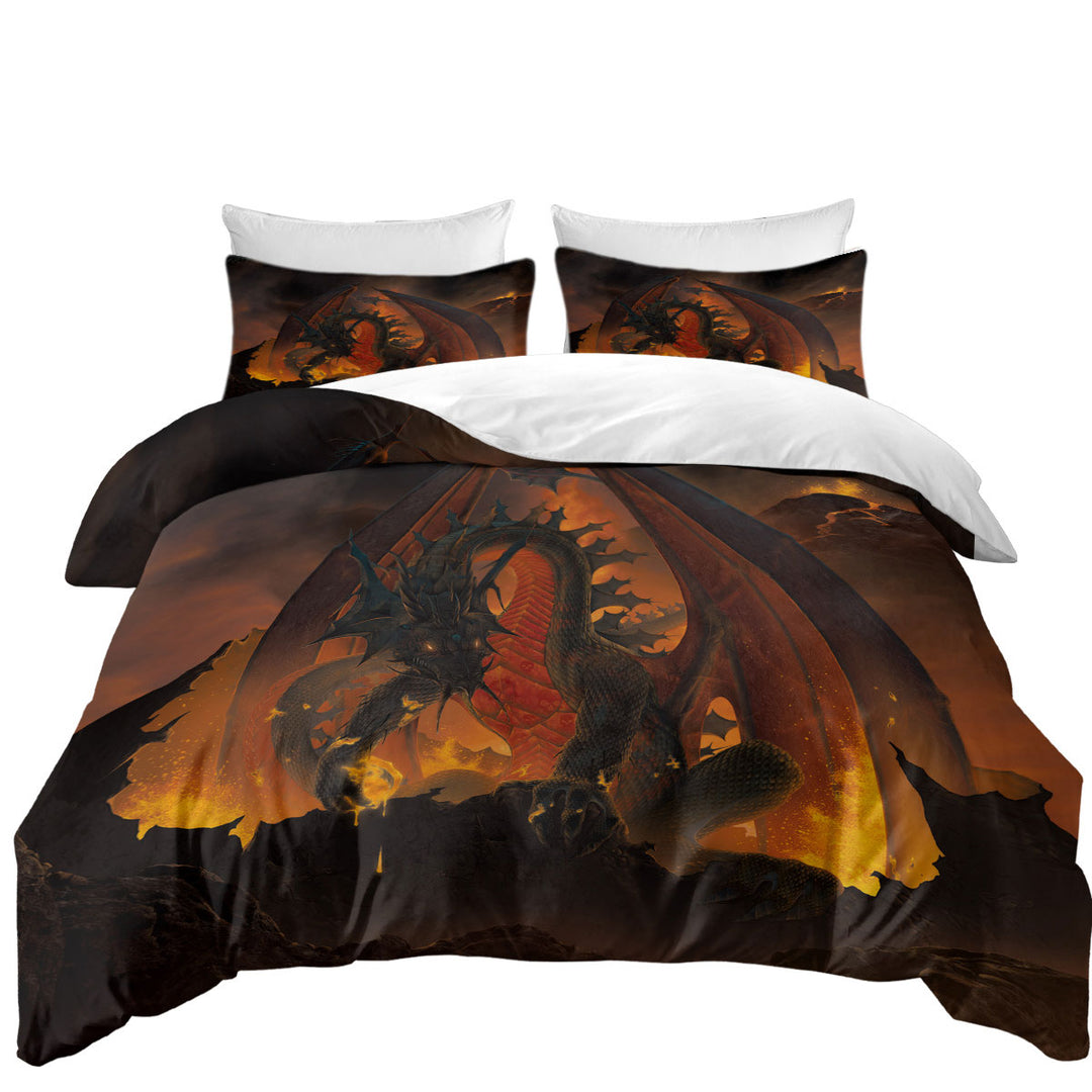 Duvet Cover Queen with Scary Fantasy Art Volcano Fireball Dragon