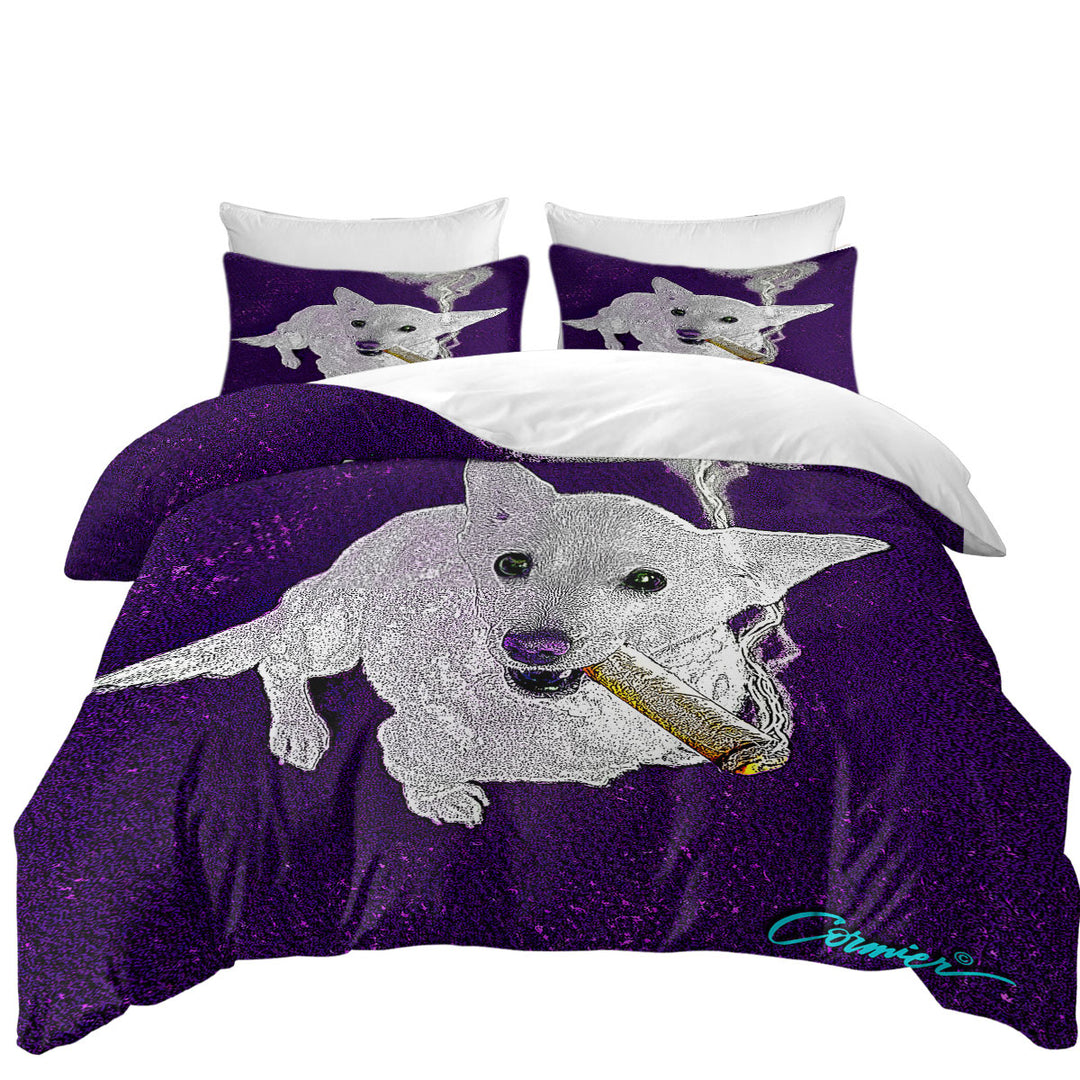 Duvet Cover Queen with White Purple Artistic Drawing Smoking Dog