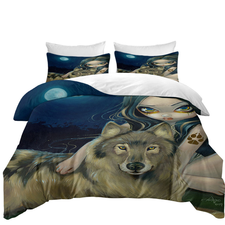 Duvet Cover Queen with Wolf Moon Beautiful Girl Sitting with Her Wolf