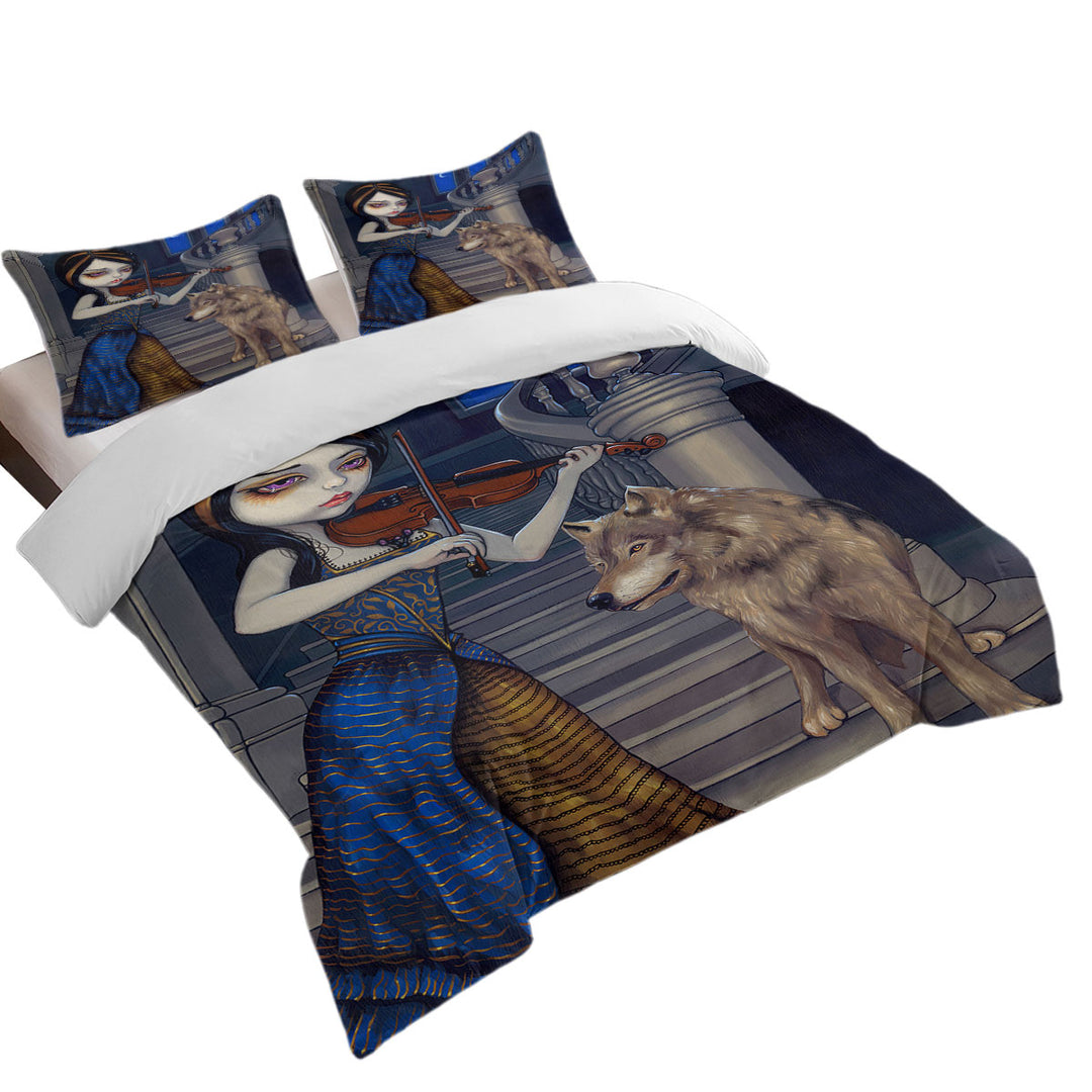 Duvet Cover Queen with Wolf Song Gothic Beautiful Girl Playing a Violin