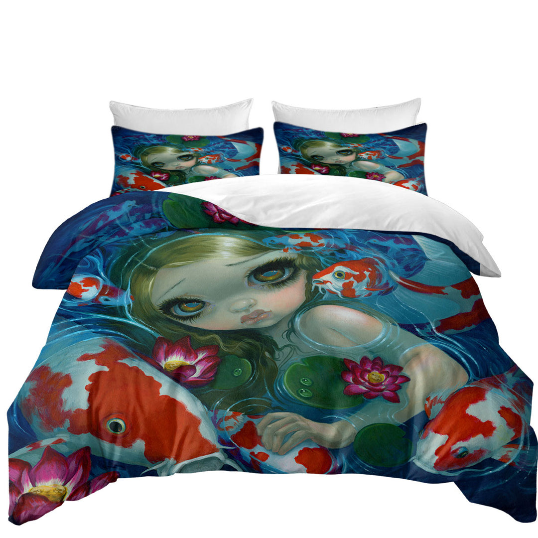 Duvet Cover sale with Cool Fantasy Art Swimming with Koi Mermaid