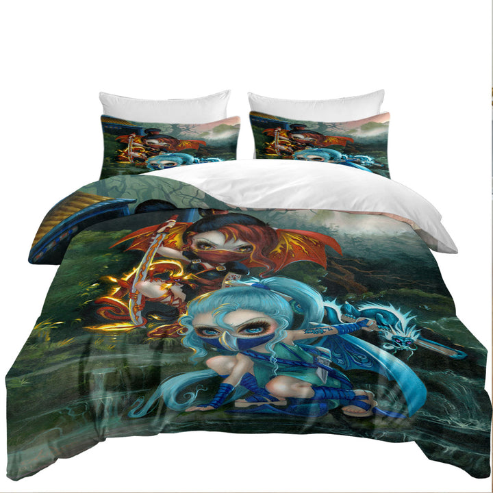 Duvet Cover sale with Cool Ninja Dragonlings Fire and Water Ninjas