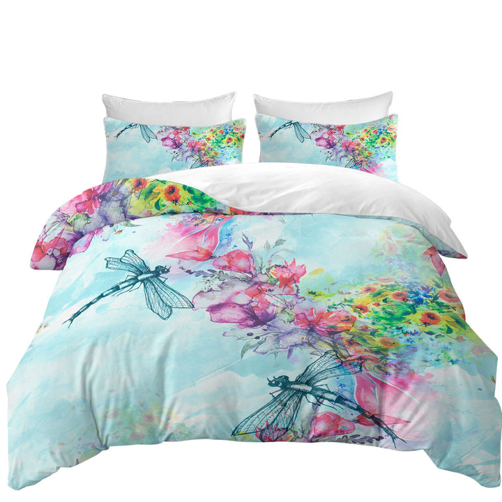 Duvet Cover set with Art Painting Flowers and Dragonflies