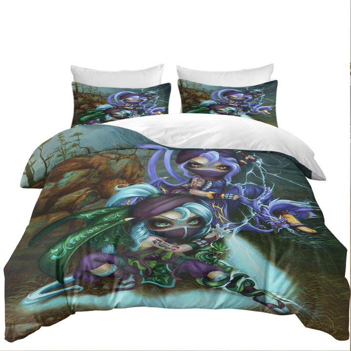 Duvet Cover set with Cool Ninja Dragonlings Stormy Landscape