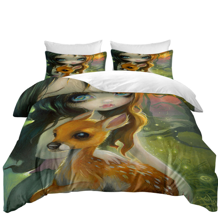 Duvet Cover set with Fairytale Art Brother and Sister Deer and Girl