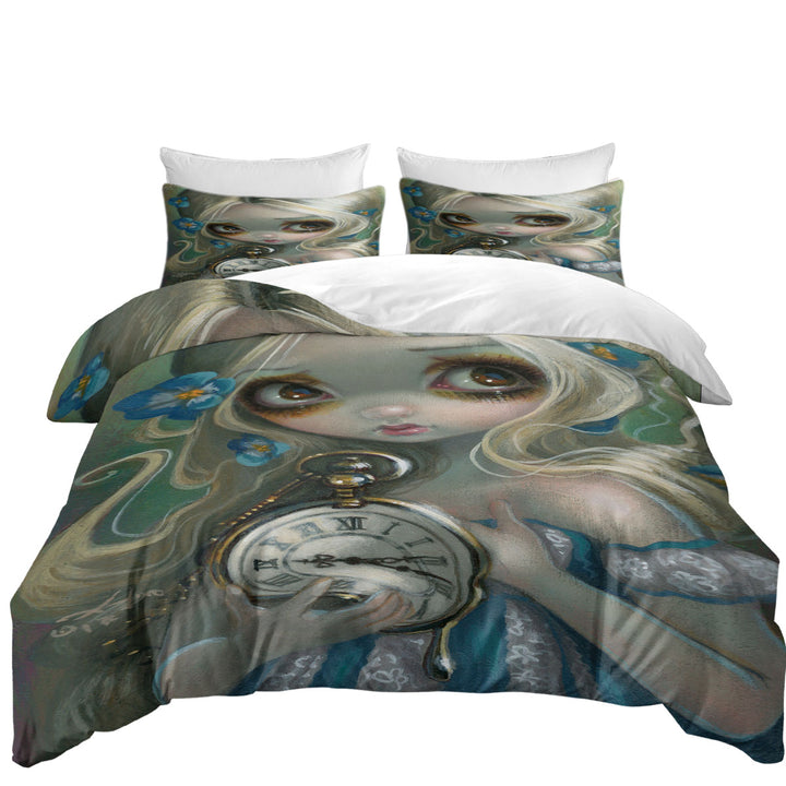 Duvet Cover set with Kids Fantasy Art Keeping Up Alice Holding a Clock