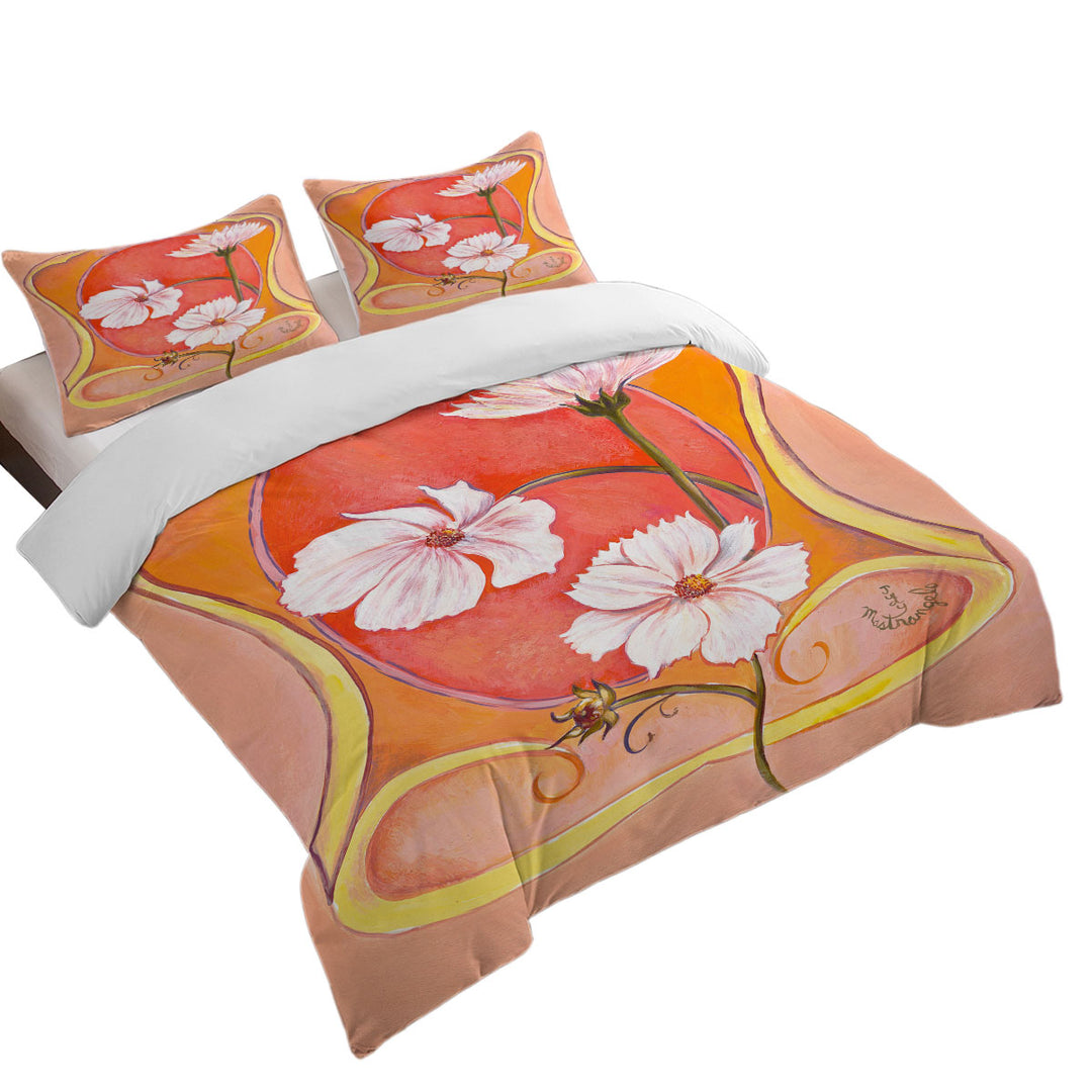 Duvet Cover with Art Deco Cosmos White Flowers