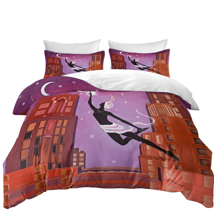 Duvet Cover with Art Deco Gliding Night City Dancing Painting