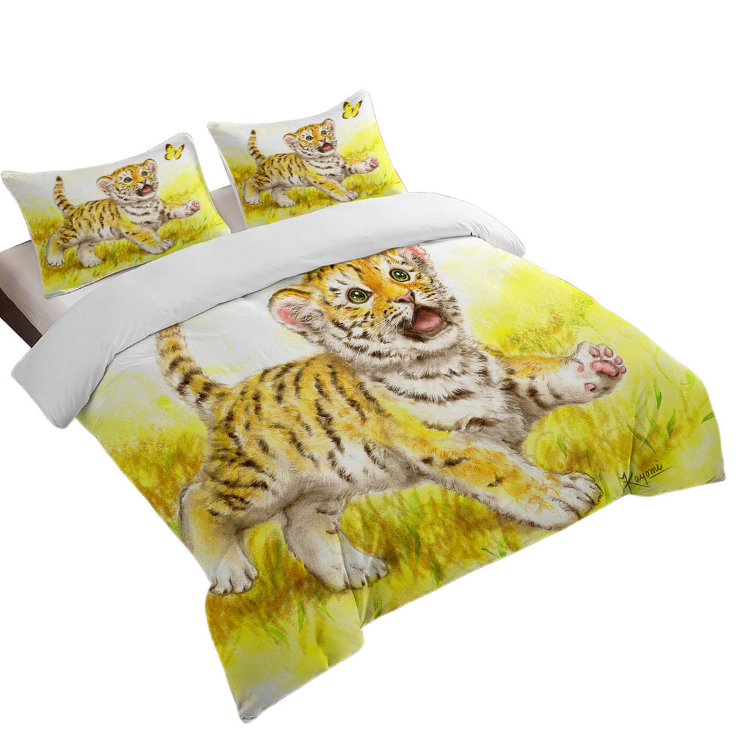 Duvet Cover with Art Painting for Kids Butterfly and Baby Tiger