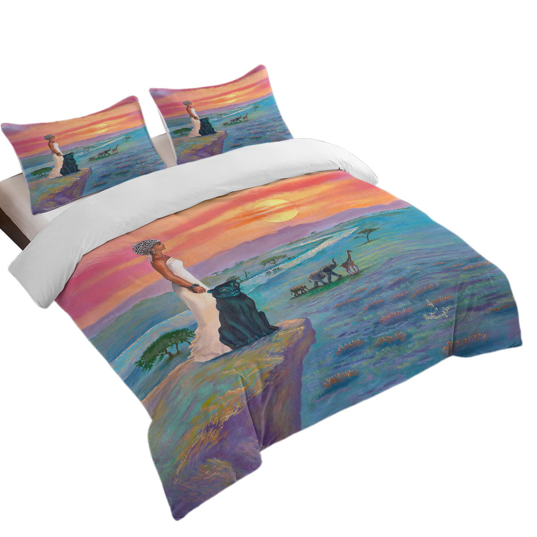 Duvet Cover with Art Painting the landscape of Africa Animals and African Queen