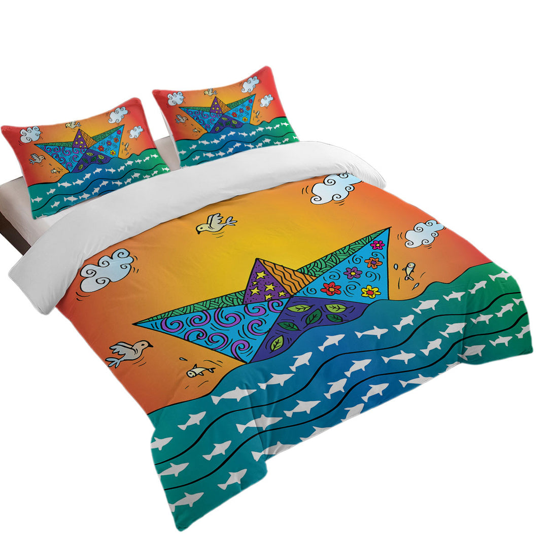 Duvet Cover with Artistic Multi Colored Origami Boat