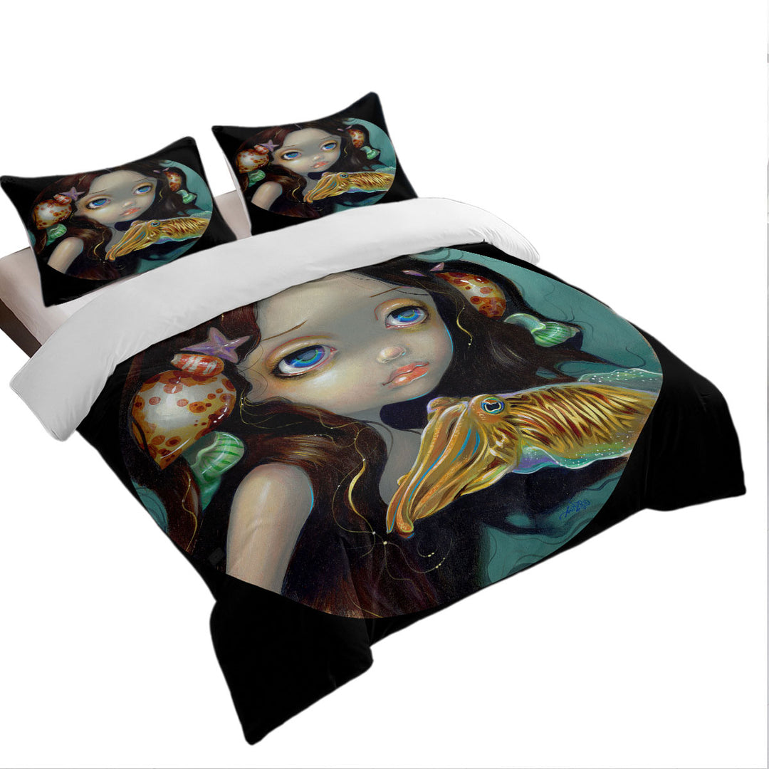 Duvet Cover with Beautiful Girl Sea Nymph with Cuttlefish