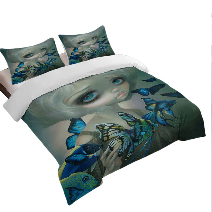 Duvet Cover with Beautiful Girl and the Blue Fish Butterflies