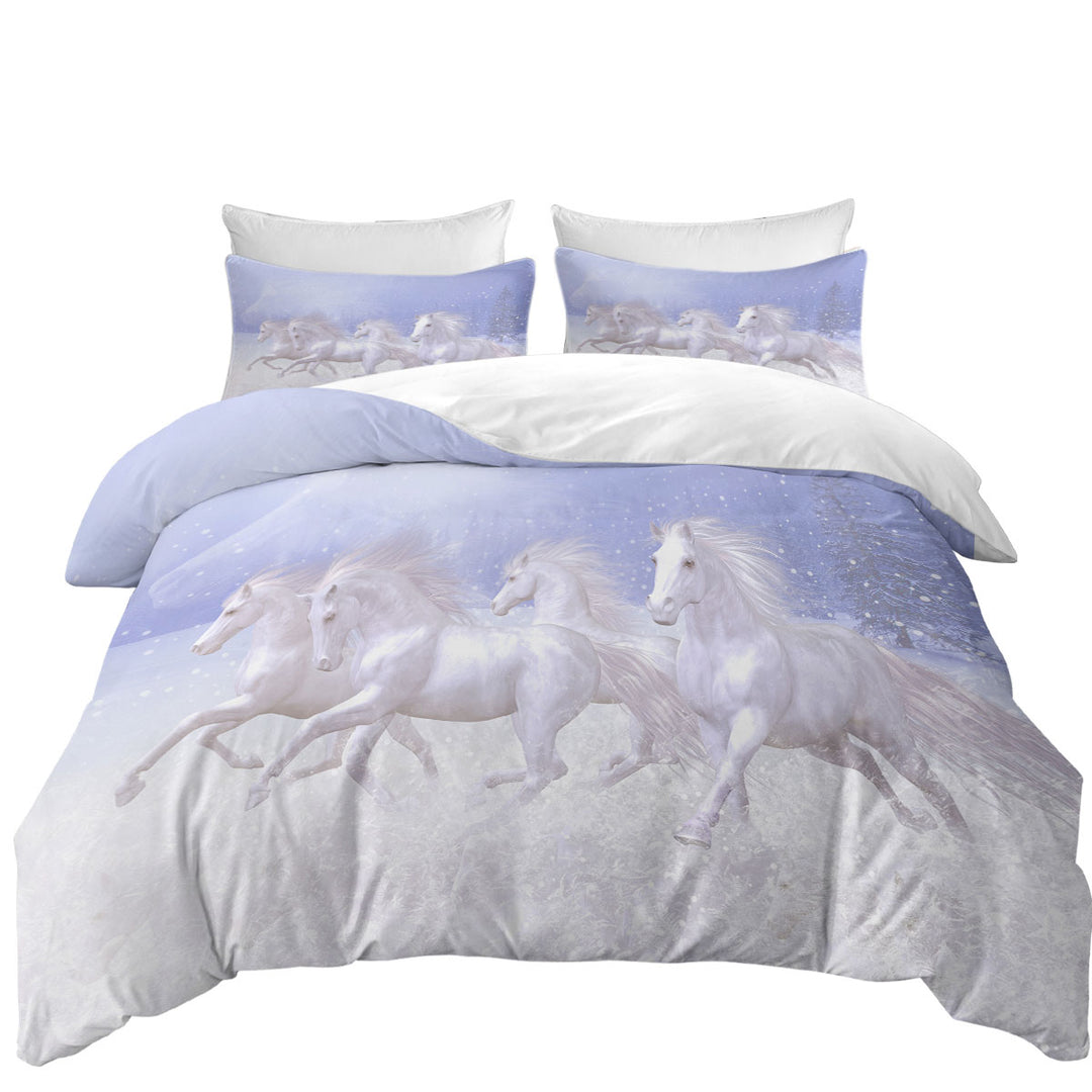 Duvet Cover with Beautiful Running White Horses the Snow Horses