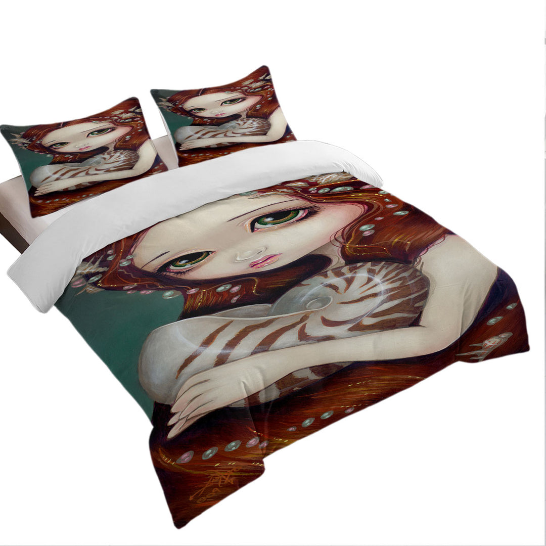 Duvet Cover with Big Eyed Beautiful Princess Girl and Nautilus Shell