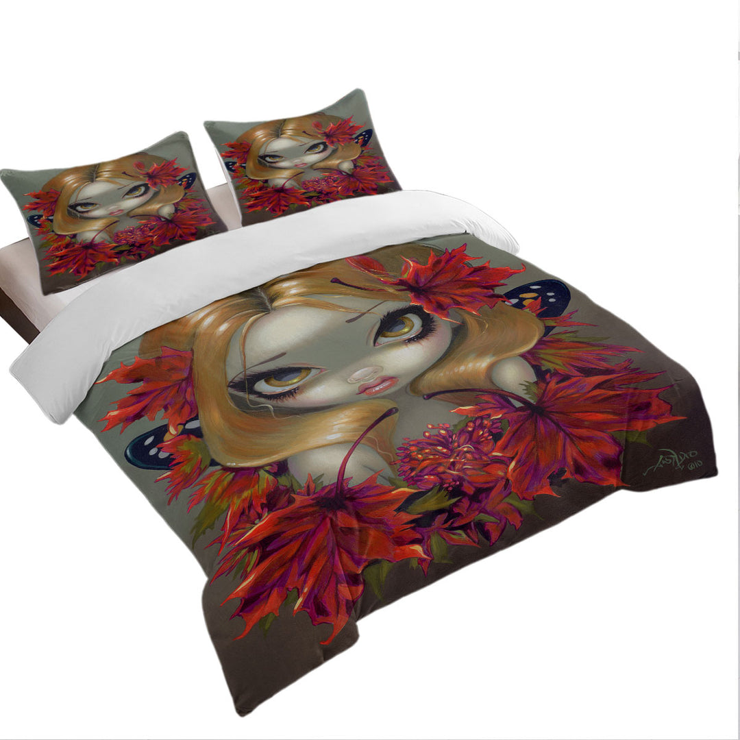 Duvet Cover with Big Eyed Fairy Portrait the Red Maple Leaves Fairy